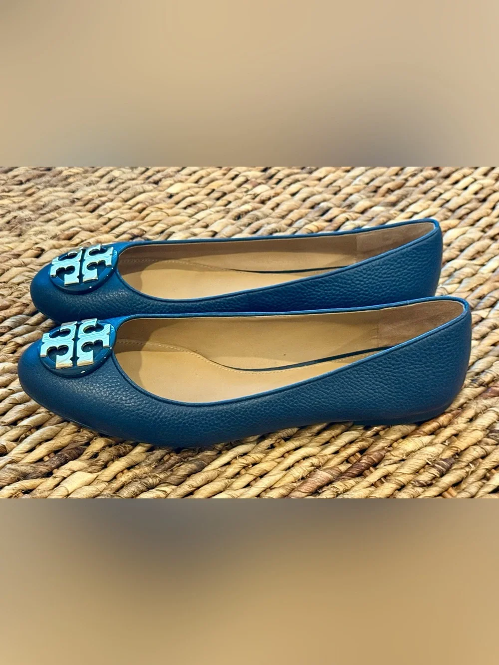 Tory Burch Navy Leather Logo Flats with Gold Emblem
